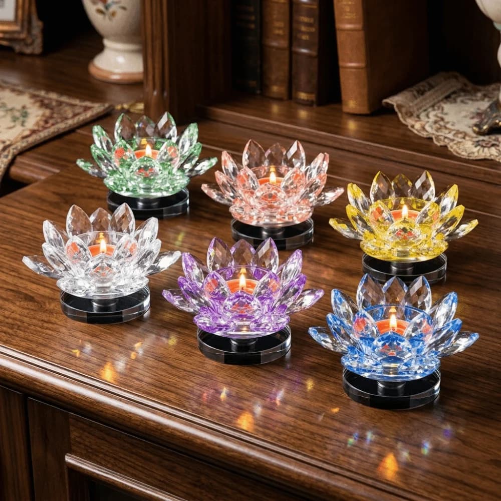 Hoom Decor Crystal Lotus Candle Holder Clear Glass Lotus Flower Candlestick Sparkling Ornament Lotus Figurines Candle Stand