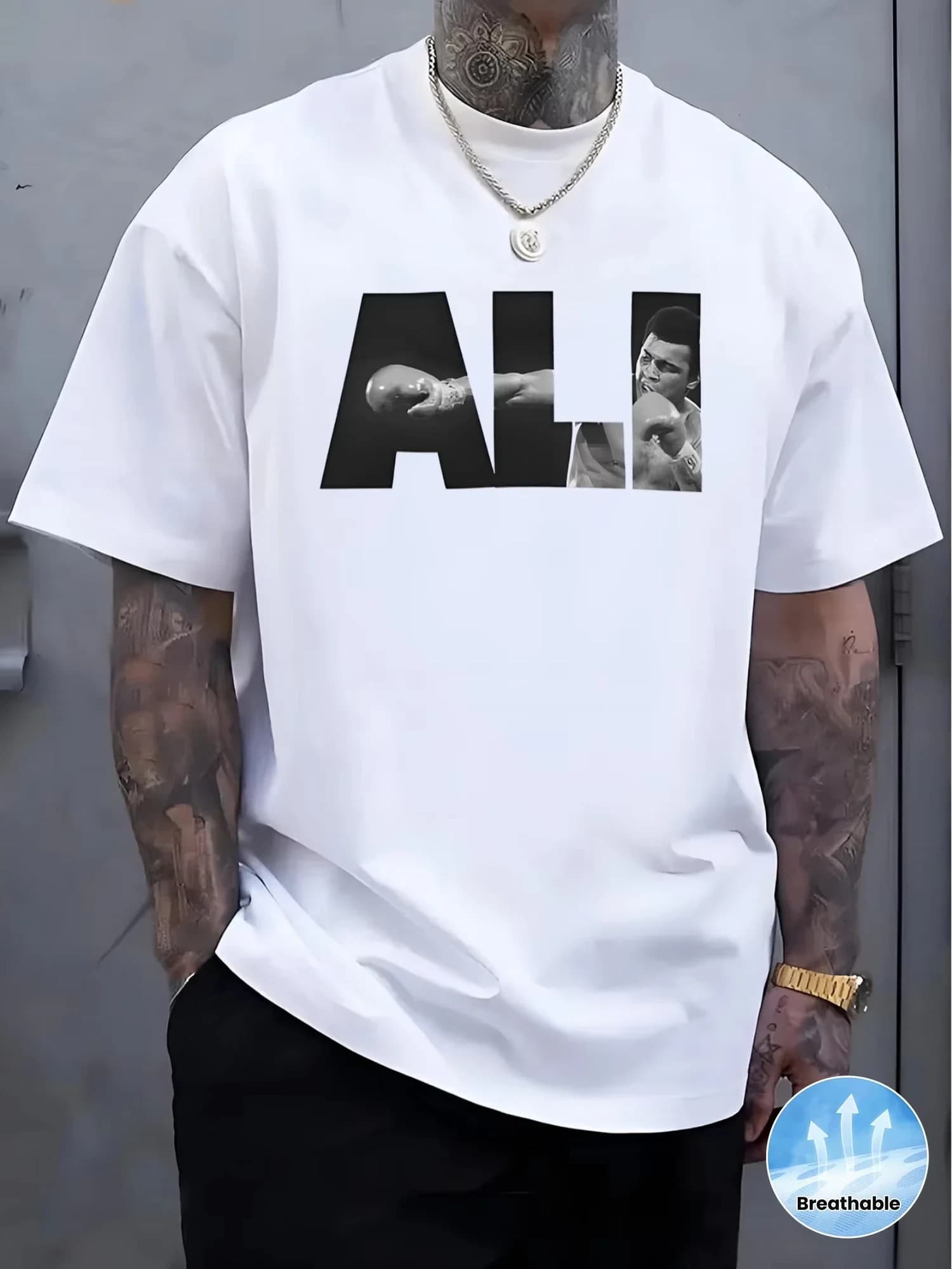 T-shirt casual da uomo con motivo boxe - Morbida e traspirante, T-shirt estiva con stampa in omaggio ad Ali, Taglio aderente