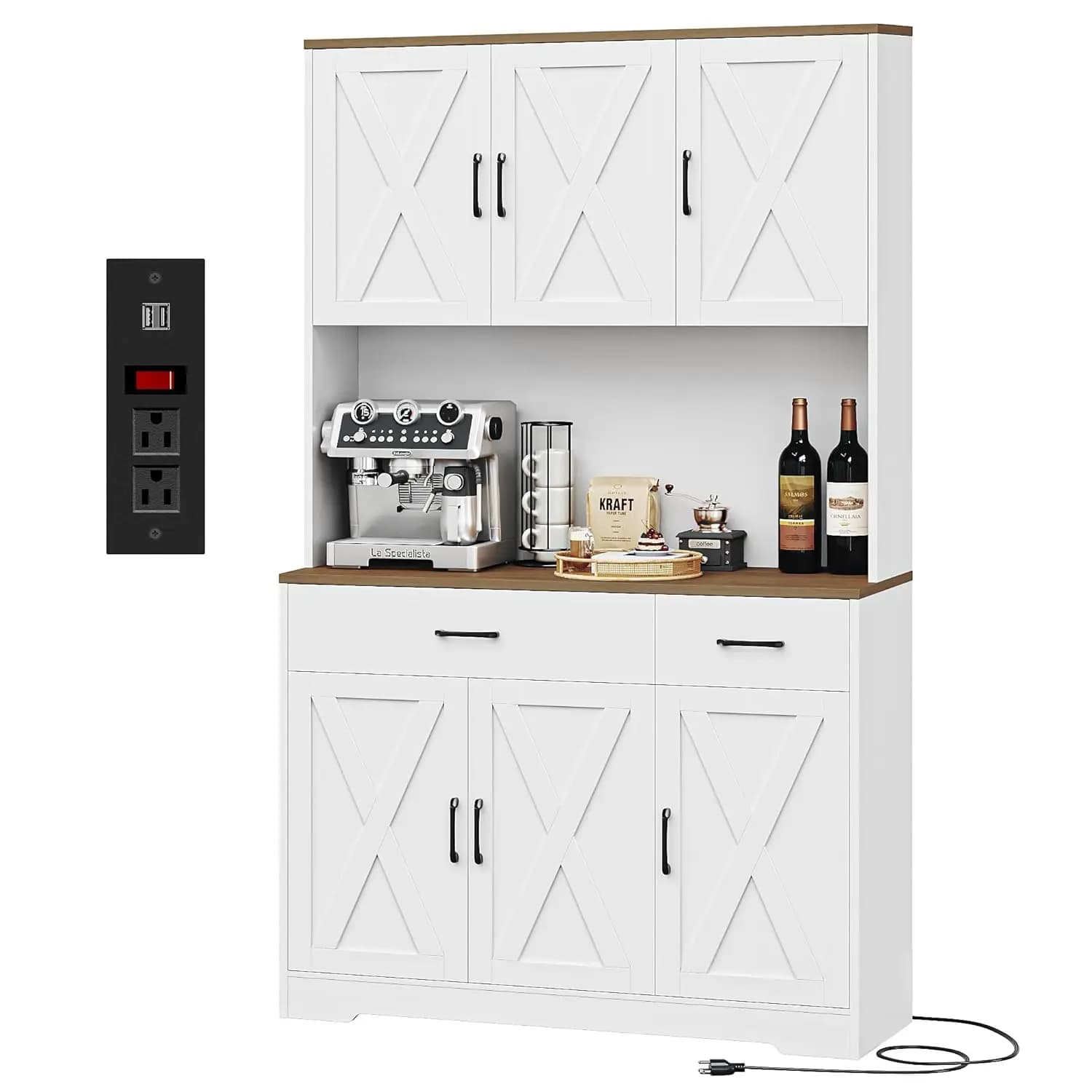 Mobile Dispensa da 71 Pollici con Stazione di Ricarica, Armadio Alto per Cucina con Supporto per Microonde, Stile Rustico, Personalizzabile