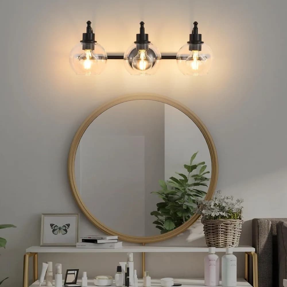 Apparecchio di illuminazione per vanità da bagno a 3 luci 22 pollici oro moderno sopra la luce dello specchio paralume in vetro trasparente per basi E26 per vanità da bagno