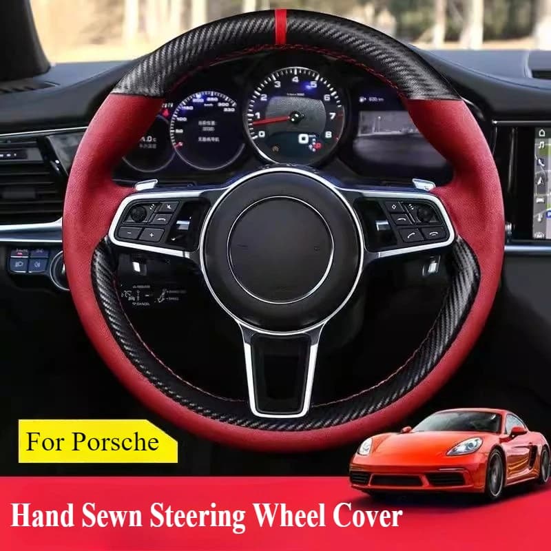 Per Porsche Cayenne Macan Panamera 718 Coprivolante antiscivolo in pelle scamosciata cucito a mano in fibra di carbonio Accessori interni per auto