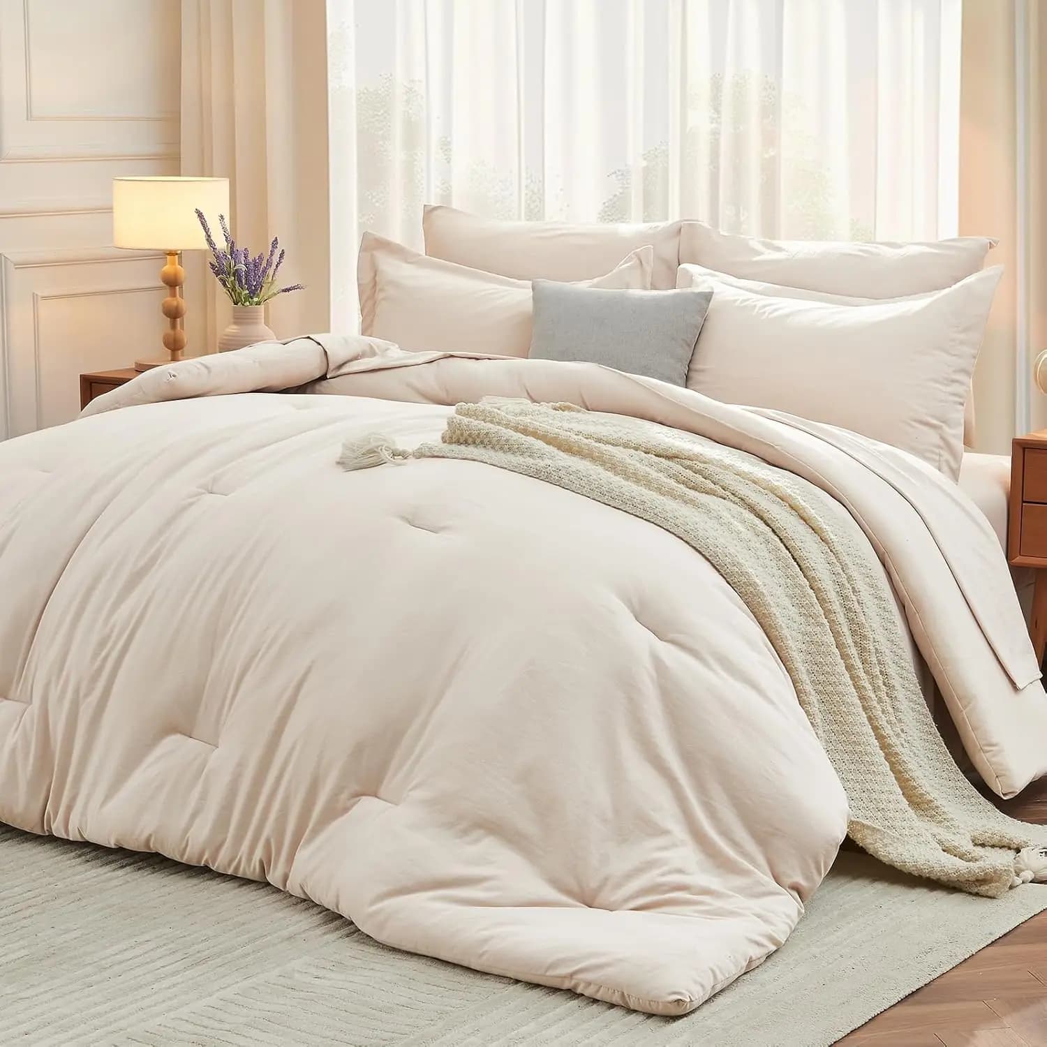 Set Copripiumino 7 Pezzi Queen, Set Letto Completo Morbido, Biancheria da Letto Beige per Tutte le Stagioni con Lenzuola e Federe