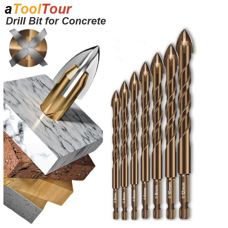 Concrete drill tips for masonry ceramic tiles glass, brick, plastic, wood, masonry, hard alloy, open hole, hexagonal cod from 3 mm to 12 mm