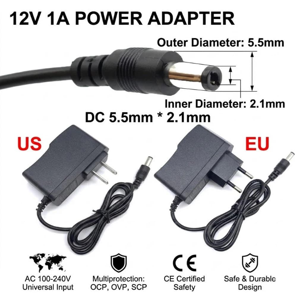 12V 1A Power Supply Adapter AC 100V-240V to DC 12V Converter EU US Plug 5.5mm x 2.1mm for LED Strip Router CCTV Camera