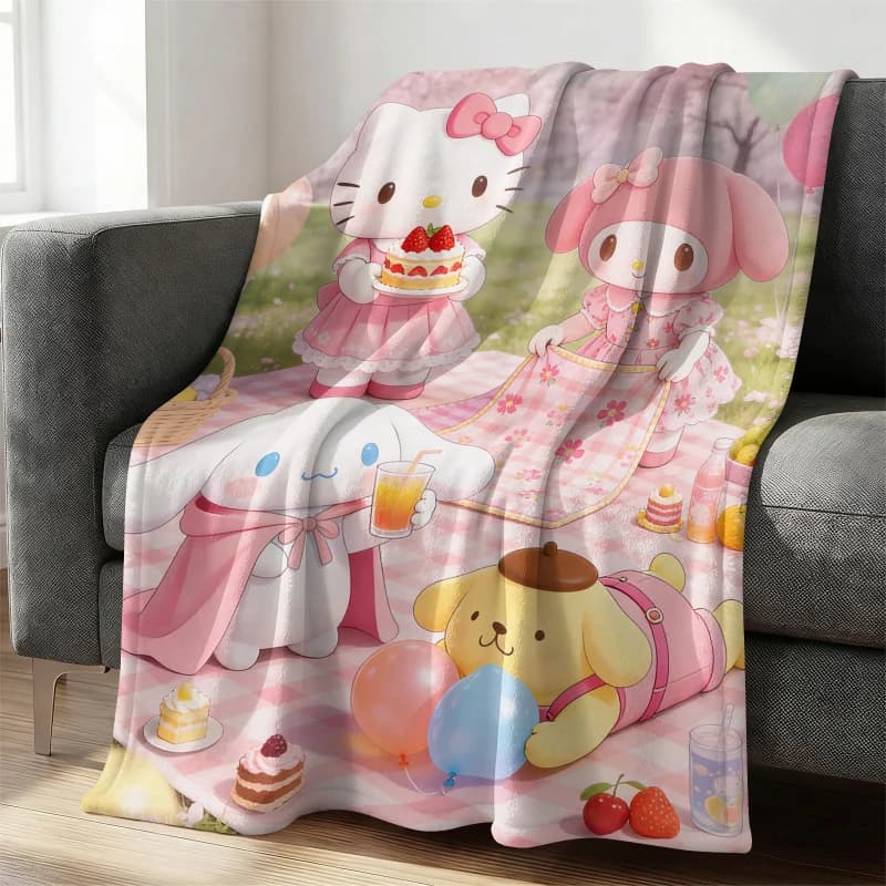Coperta in flanella Sanrio Pink Picnic, morbida e accogliente, coperta in peluche per divano, letto, ufficio, nanna, viaggio, campeggio, regalo carino per ragazza