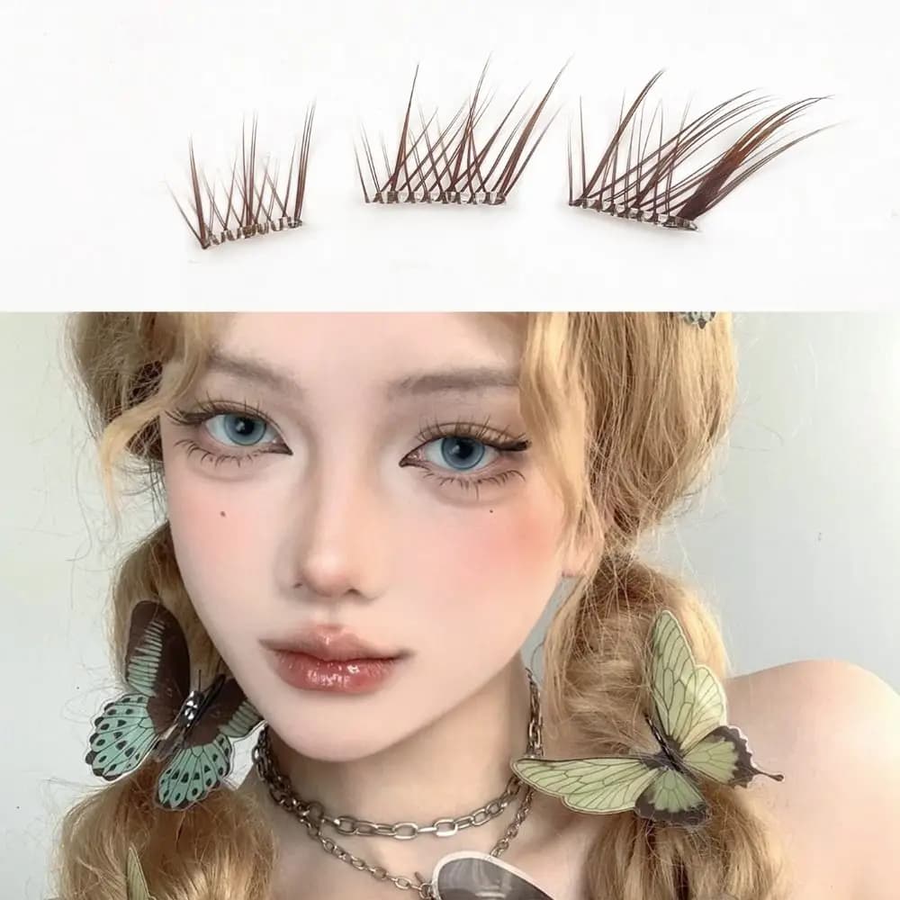 60 Pezzi Ciglia Finte a Ciuffetti Autoadesive Senza Colla Effetto Manga Fox, Ciglia Finte 3D Cat Eye Marroni Morbide Individuali per Donna