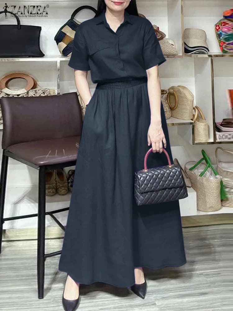 Fashion 2 Pieces Summer Dresses Set Women's Dresses ZANZEA Elegant Sets Solid Work Shirt Short Sleeved Maxi Long skirt dress