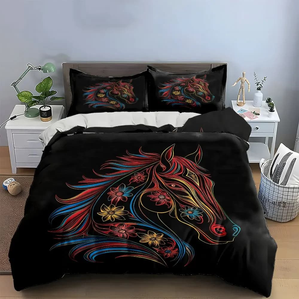 Set di biancheria da letto con copripiumino morbido e confortevole con disegno di cavallo floreale colorato, include 1 copripiumino e 2 federe, regalo