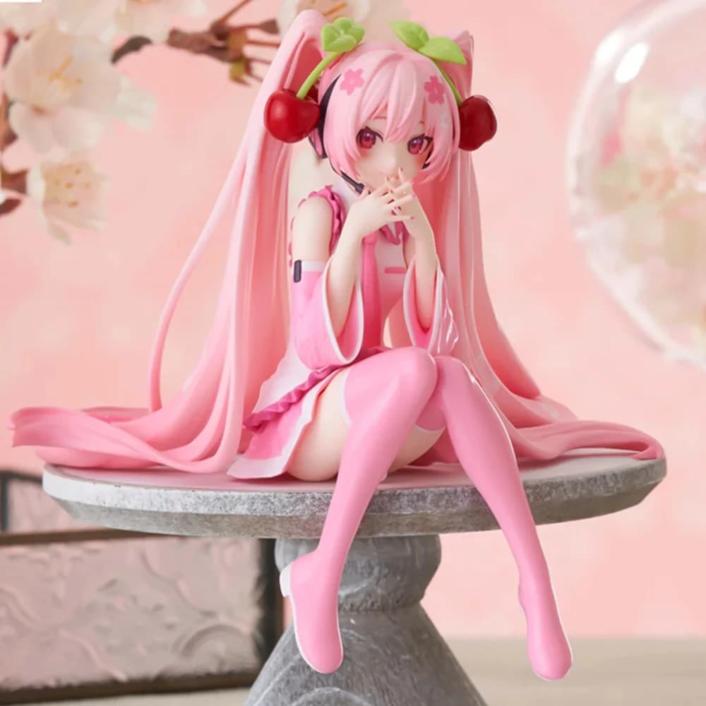 Figura Anime di Hatsune Miku con Abito Rosa, Posizione Seduta, Modello in PVC, Giocattoli d'Azione, Decorazione con Fiori di Ciliegio, Oggetto da Collezione