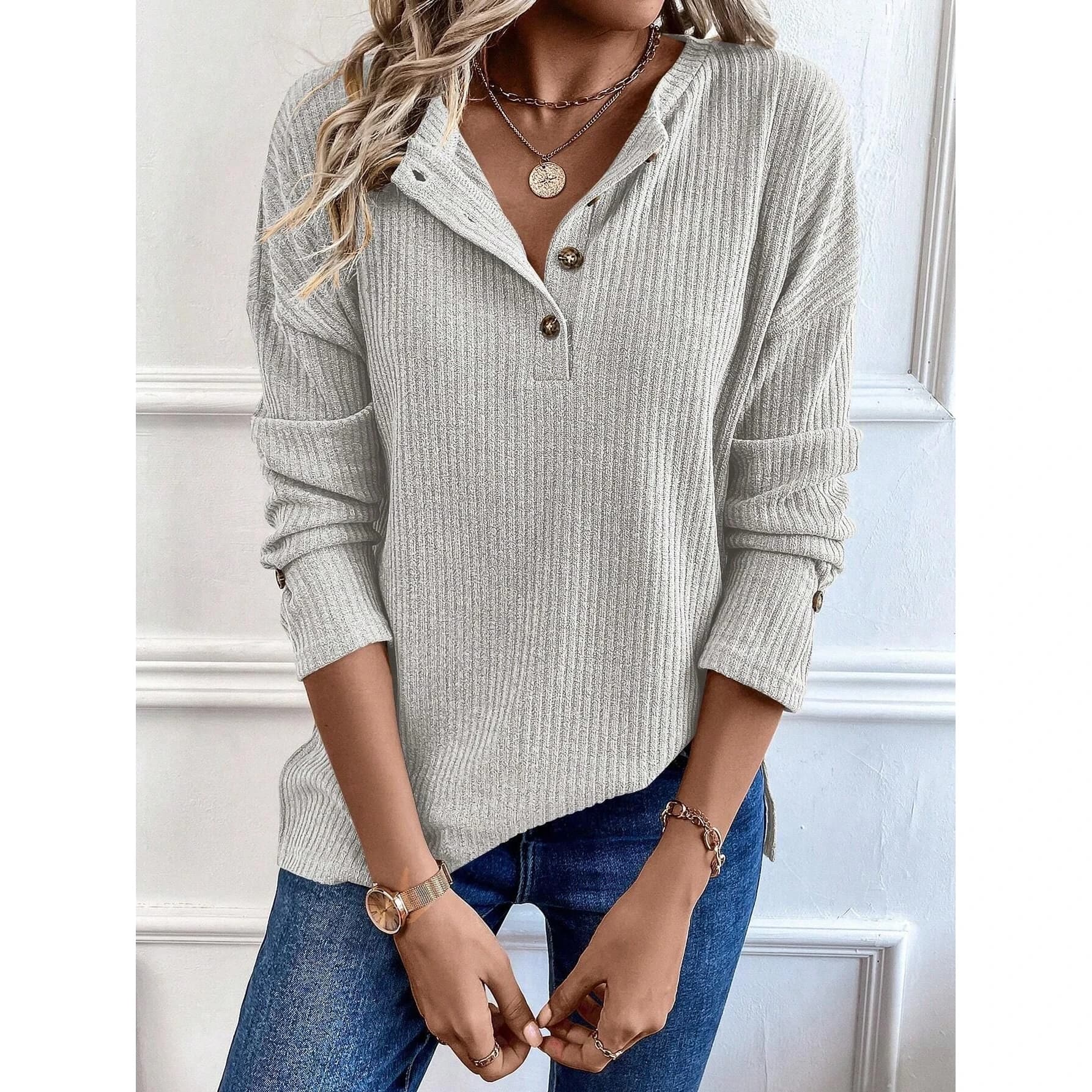 Casual Long Sleeve V-Neck Button T-Shirt Women's Fashion Cross-Border Polyester Fiber Regular Fit Top Half Open Collar Single...