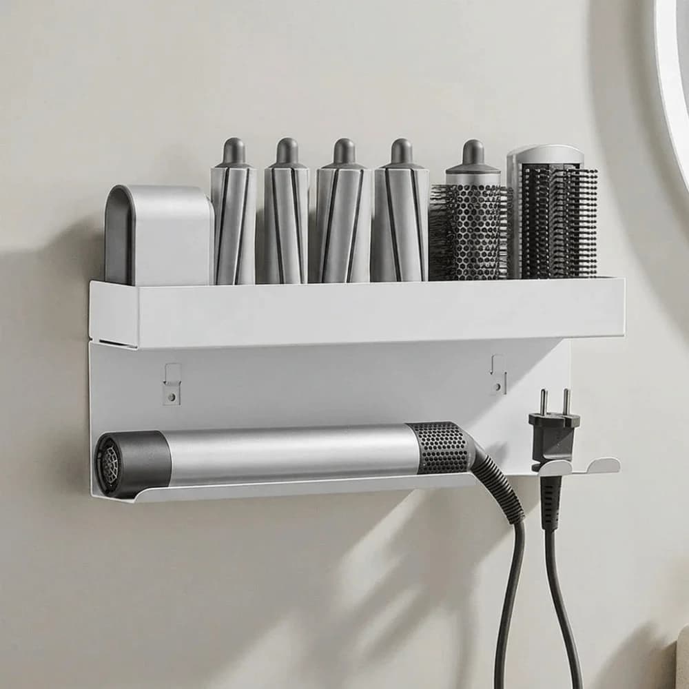 Carbon Steel Curling Iron Storage Rack No Drill Wall Mounted Hair Tool Holder Space Saving Hair Curler Storage Shelf