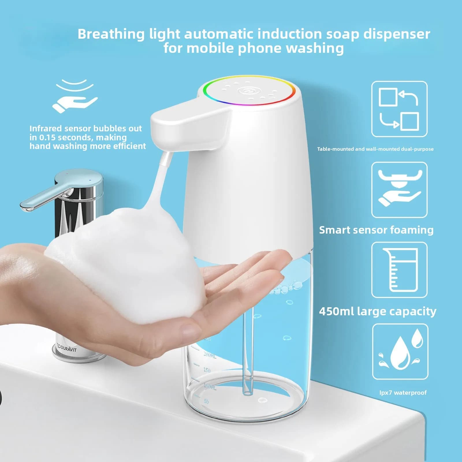 Dispenser automatico di sapone liquido con sensore a infrarossi con luce respiratoria USB Macchina intelligente per schiuma liquida per sapone per le mani