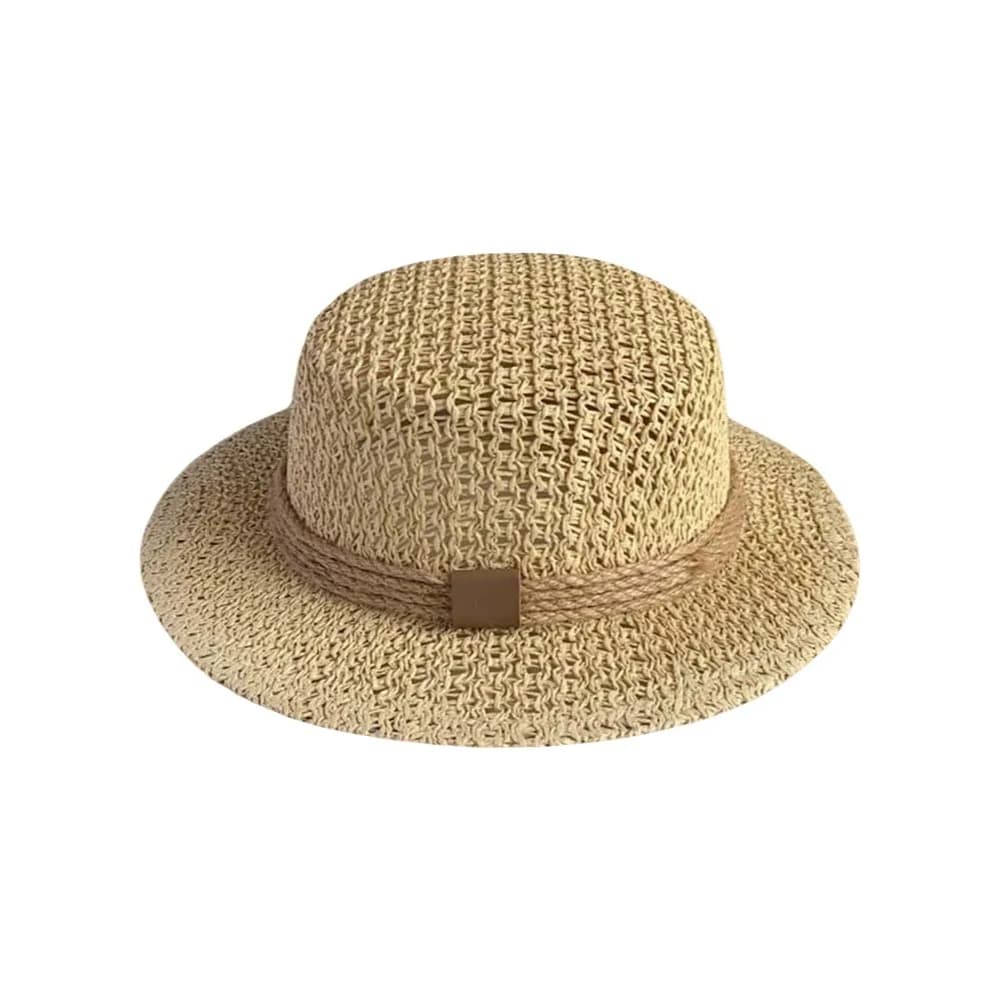Sun Protection Straw Boater Hat Lightweight Breathable Mesh Handwoven Sun Cap Adjustable Wide Brimmed Flat Top Beach Hat
