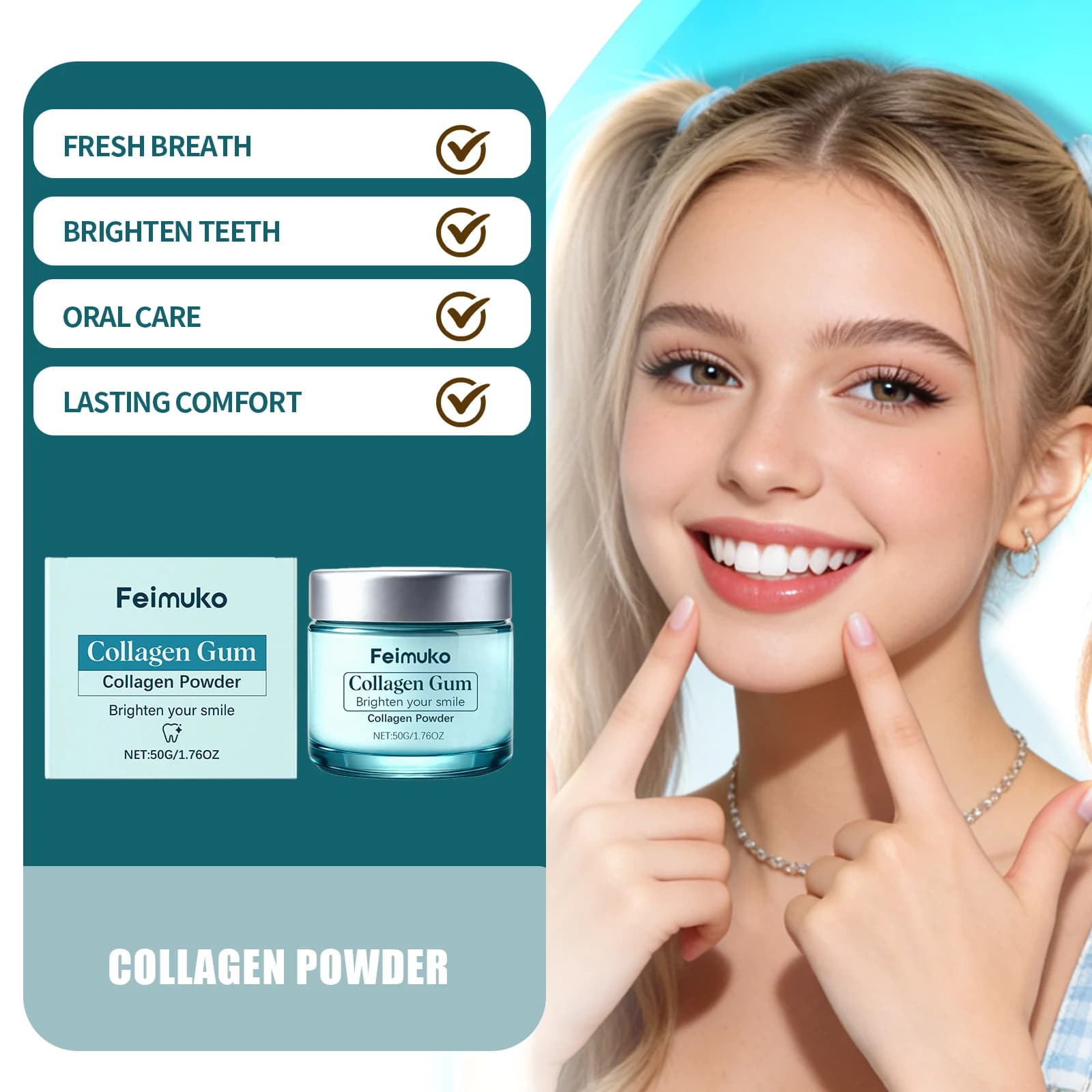 Collagen whitening powder for teeth, removes stains, brightens teeth, fresh breath, gum care, oral hygiene, oral cleaning for adults.