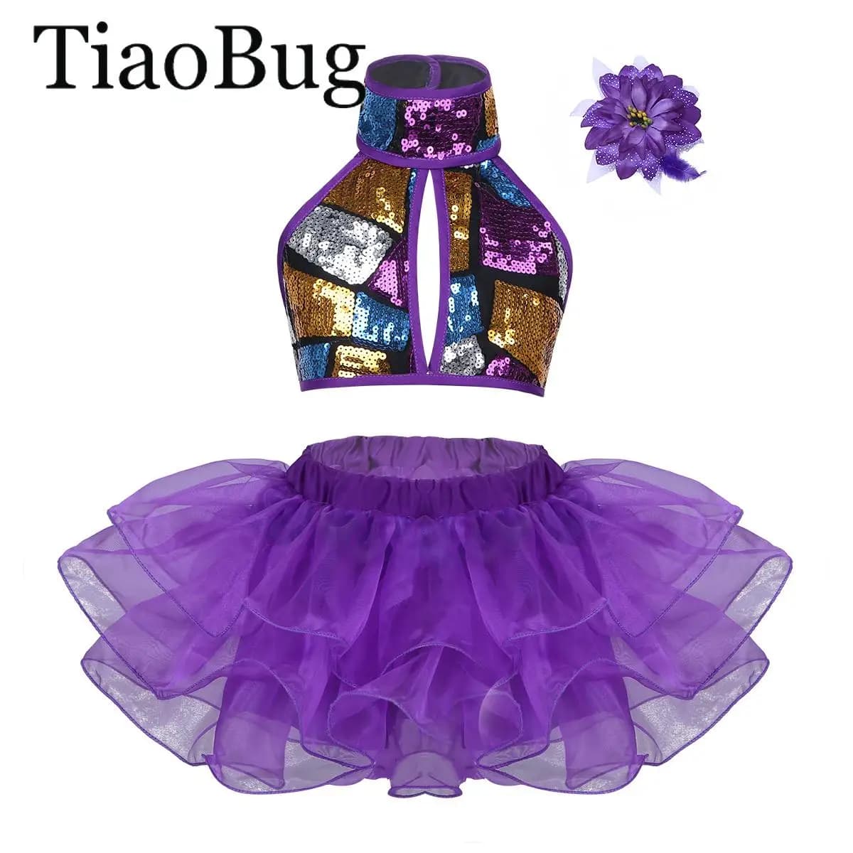 Girls Halter Tutu Ballet Dance Dress Glitter Sequins Strappy Crop Top with Skirt Flower Hair Clip Suit Jazz Performance Costume