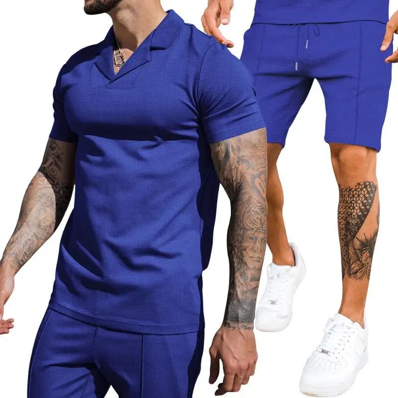 Summer 2023 Men's Casual Sportswear Set V-Neck Collar Short Sleeve Shorts Fashionable Comfortable Four Seasons Universal