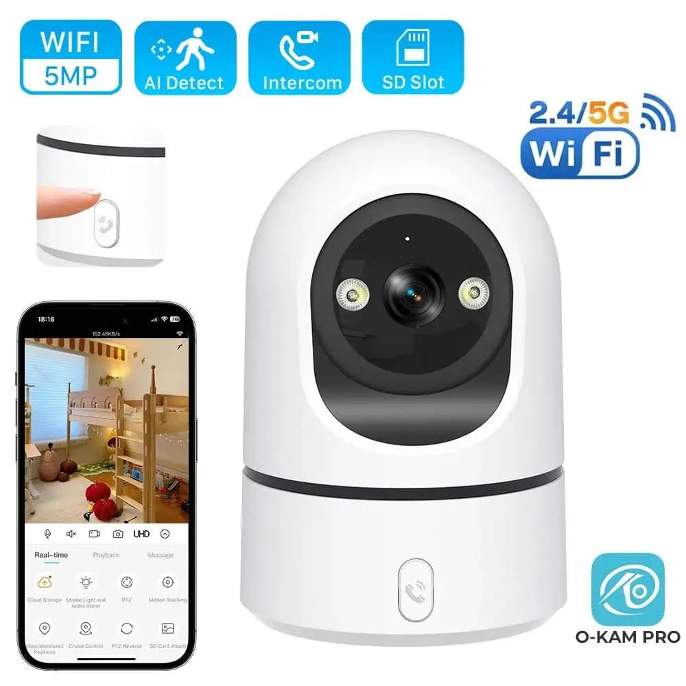 Telecamera di Sicurezza per Bambini da Interno 5MP WiFi 2.4G/5G | Chiamata con un solo tocco | Visione Notturna a Colori | Tracciamento Umano | 355 ° PTZ O-Kam Pro