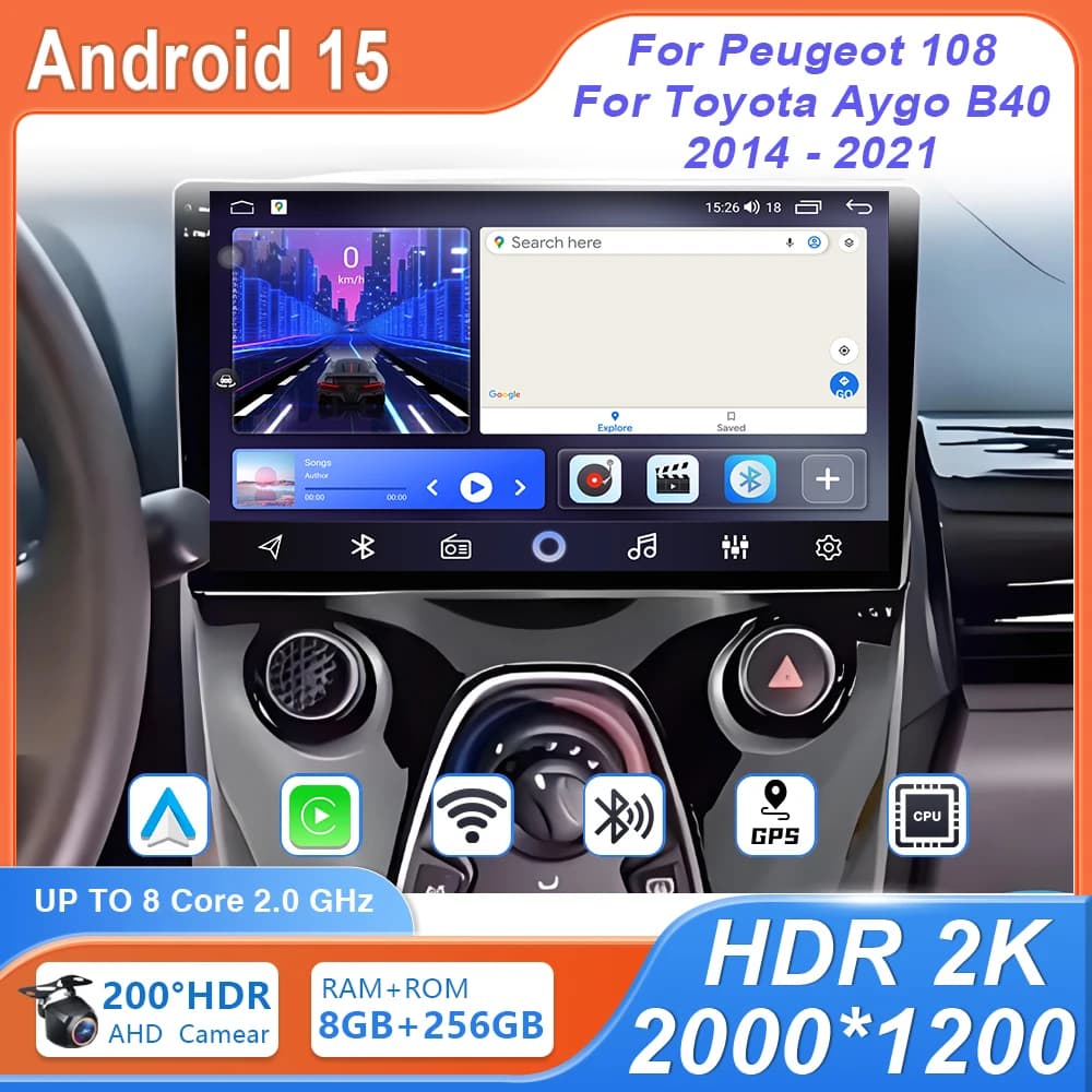 Android 15 Autoradio Dash Cam Lettore Multimediale Video Carplay Per Peugeot 108 Per Toyota Aygo B40 2014 - 2021 Navigazione GPS DVD