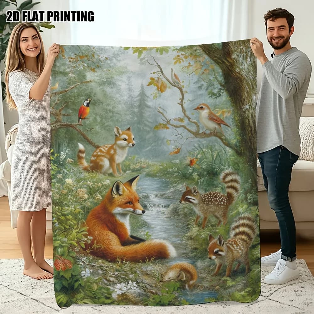 Forest Friends Wildlife Foxes, Deer, Squirrels & Birds Printed Flannel Throw Blanket - Soft Cozy All-Season Bedspread with Foxes