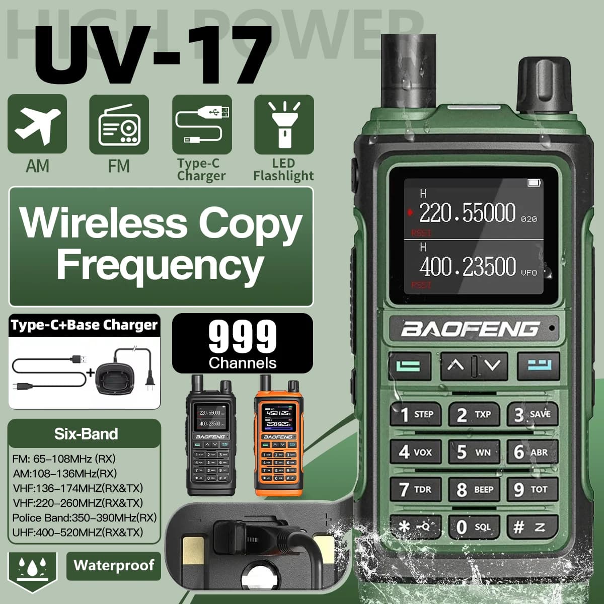 1PC Baofeng UV-17 Ricetrasmettitore Multibanda ad Alta Potenza con Caricatore Type C, Radio Bidirezionale a Lungo Raggio UV-17 per Ospedali