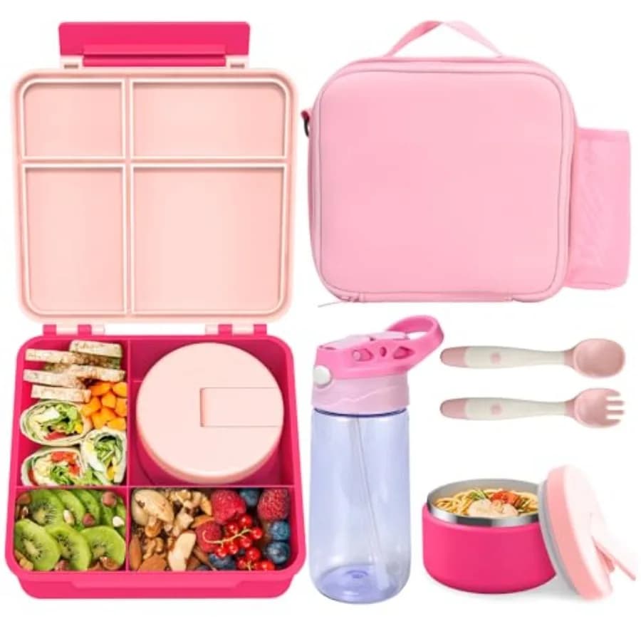 Bento Lunch Box with 8oz Soup Thermo Water Bottle Leakproof Lunch Food Containers with 4 Compartment Insulated Hot Food Jar wit