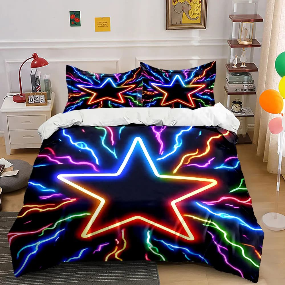 Neon Star with Radiant Streaks Duvet Cover Set with 3D Printing Design Soft Polyester Bedding Set All-Season Comfort for gifts