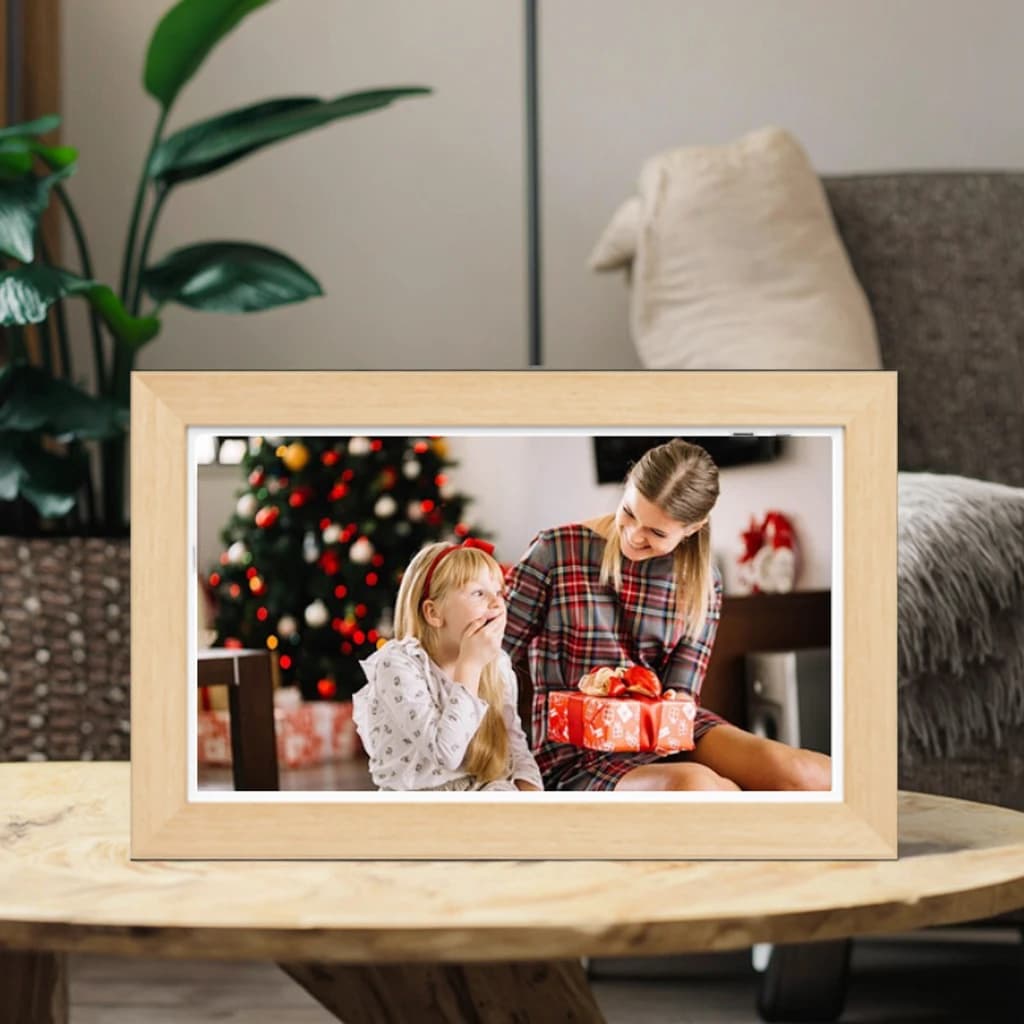 Cornice Digitale in Legno da 15,6 Pollici con WiFi, Schermo Touch, Controllo Remoto Intelligente e Riproduzione Video per Arredamento Casa e Regalo