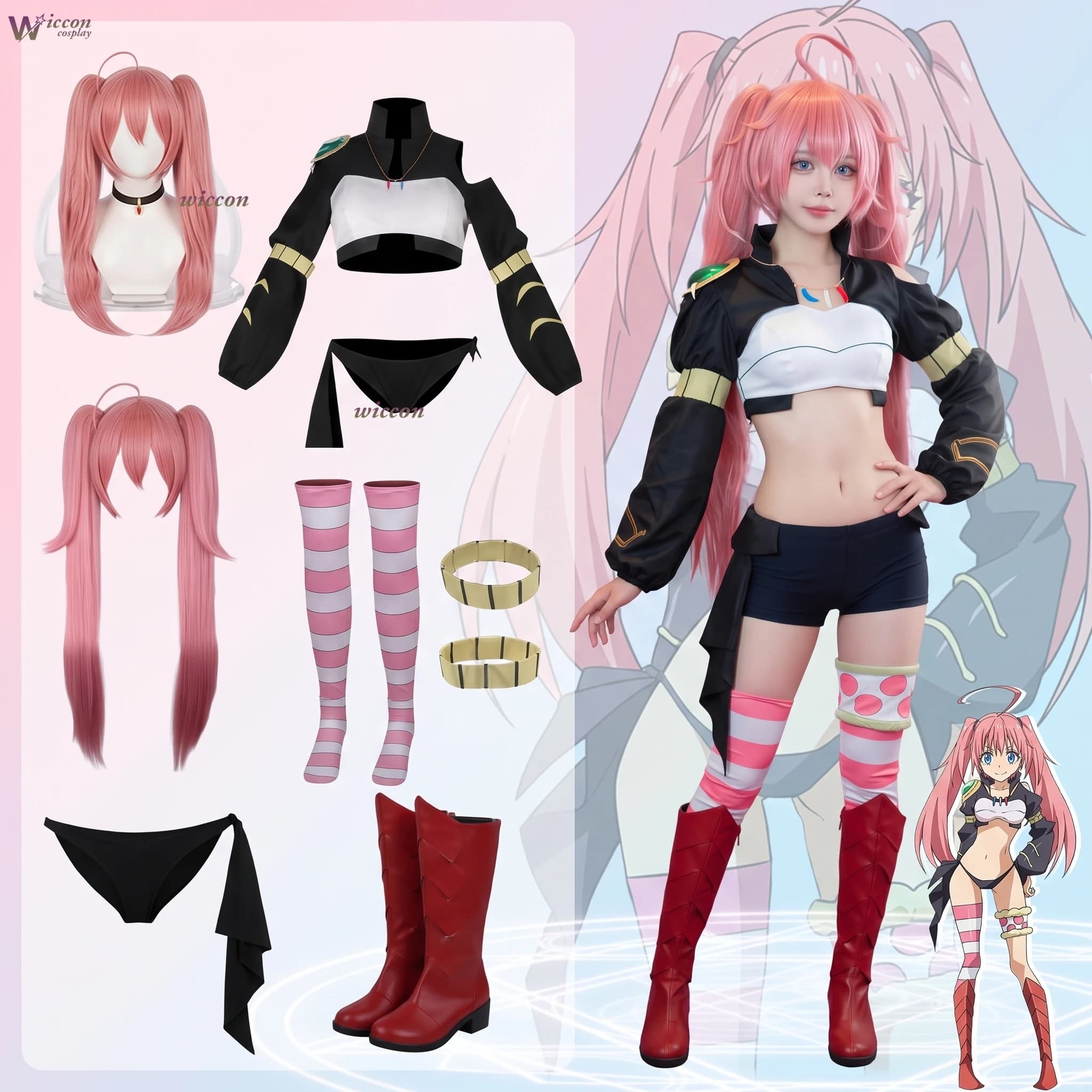 WonkaCos That Time I Got Anime As A Slime Cosplay Milim Nava Costume Kawaii Bikini Top Socks Pink Twin Ponytails Halloween