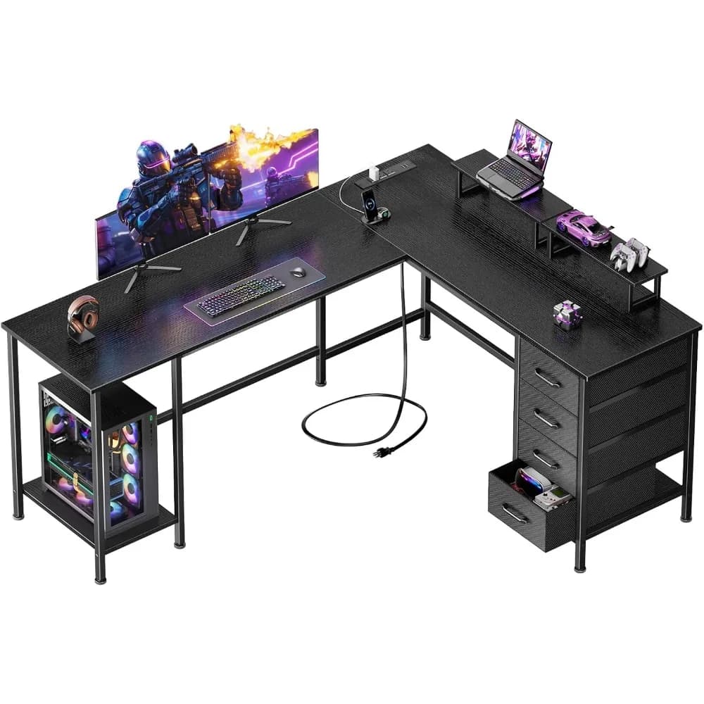 59 Inch L Shaped Desk - Power Outlets, Adjustable Storage, Monitor Stands, Reversible Gaming Table