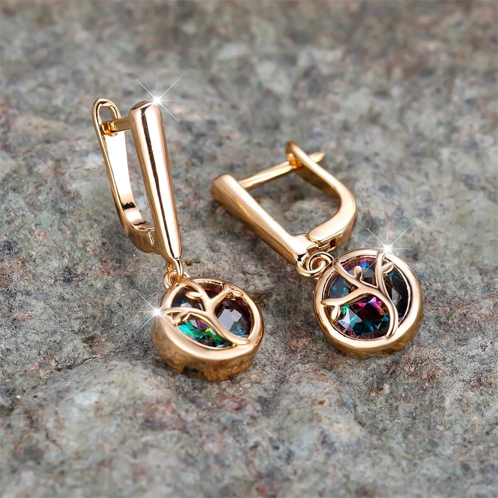 Orecchini a cerchio con zirconi arcobaleno con ciondolo rami di albero per le donne, regalo per feste di fidanzamento, gioielli da sposa, color oro vintage, con fibbia per l'orecchio