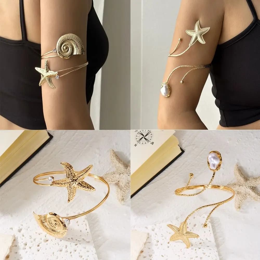 Fashion Bohemian Style Open Arm Ring Simple Starfish Arm Bracelet Gold Color Adjustable Cuff Bracelet Jewelry Gift