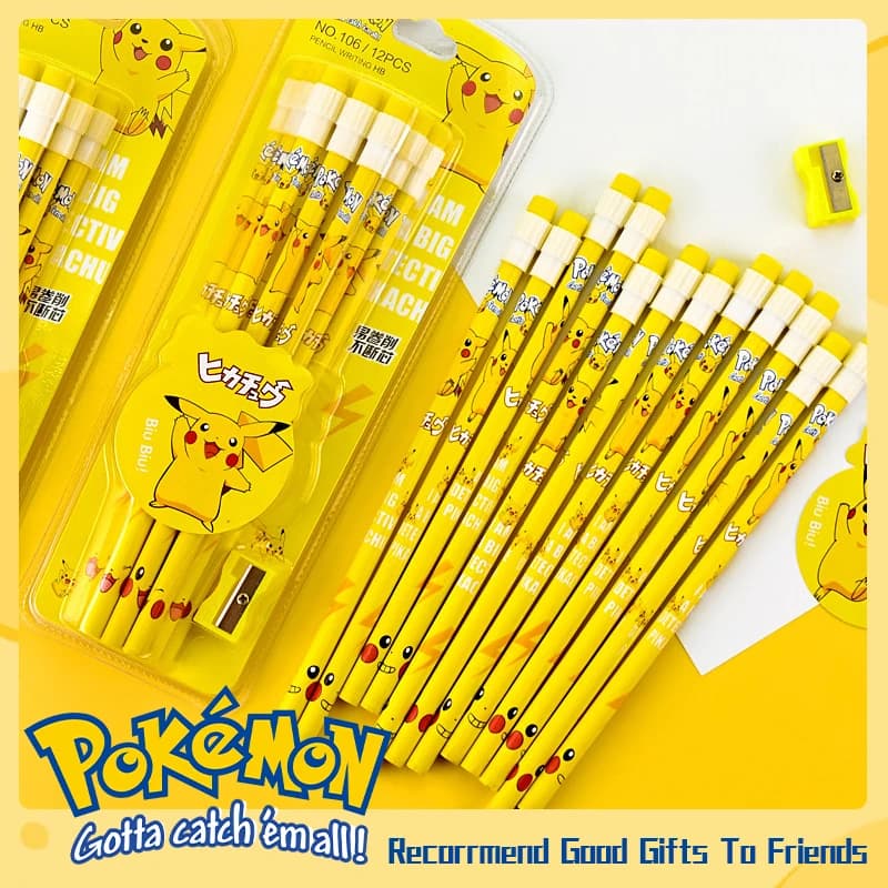 Pokemon Kawaii Stationery Set 12Pcs Boxed Cartoon Pencils With EraserPencil SharpenerAnime SchoolSupplies Birthday Gift For Kids