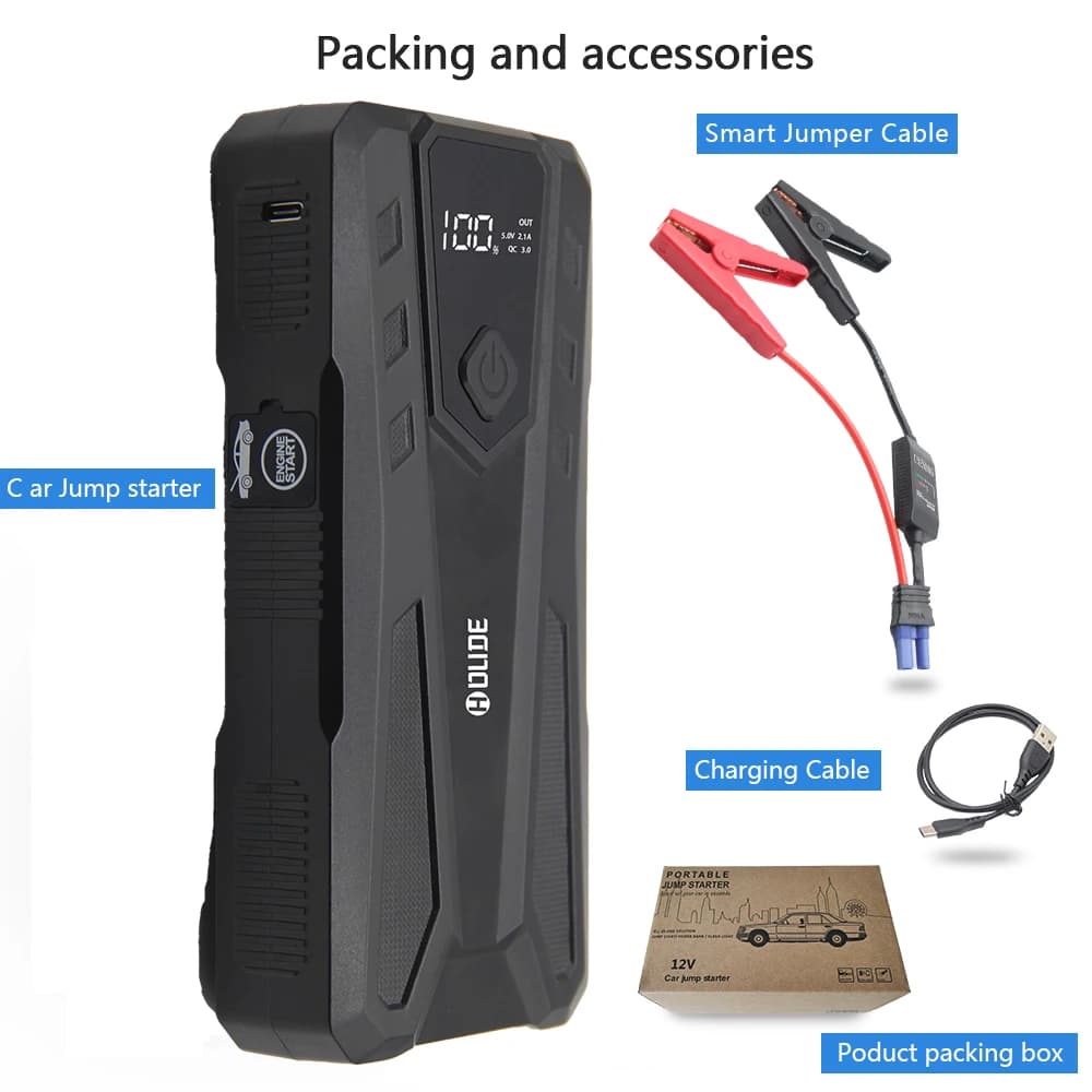 Avviatore di emergenza per auto con display, booster automatico, caricabatteria, jumper box con display, picco 1000 A, 25000 mAh, 12 V