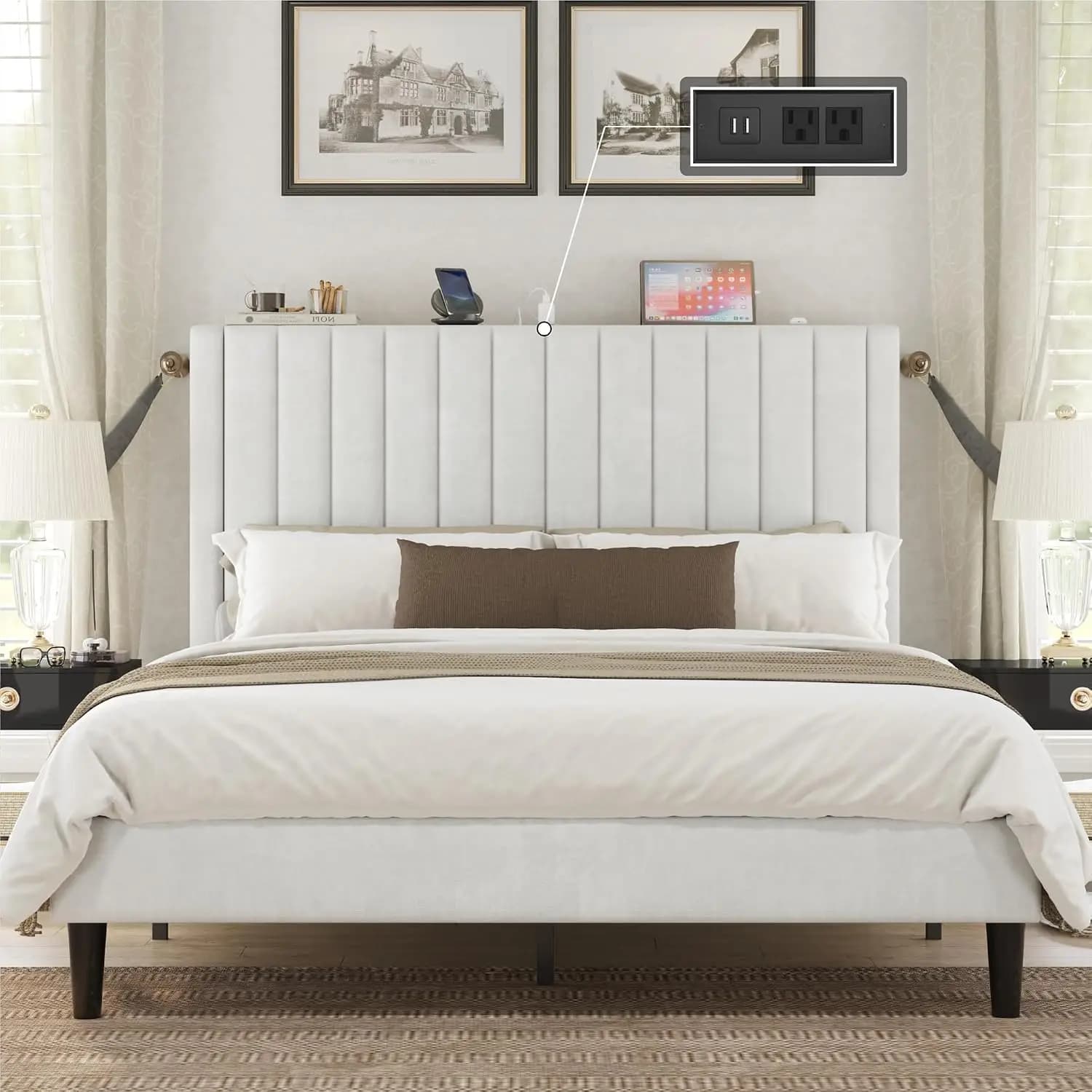 Queen Size Bed Frame, Velvet Upholstered Platform Bed with Channel Tufted Headboard, Mattress Foundation with Wood, Custom