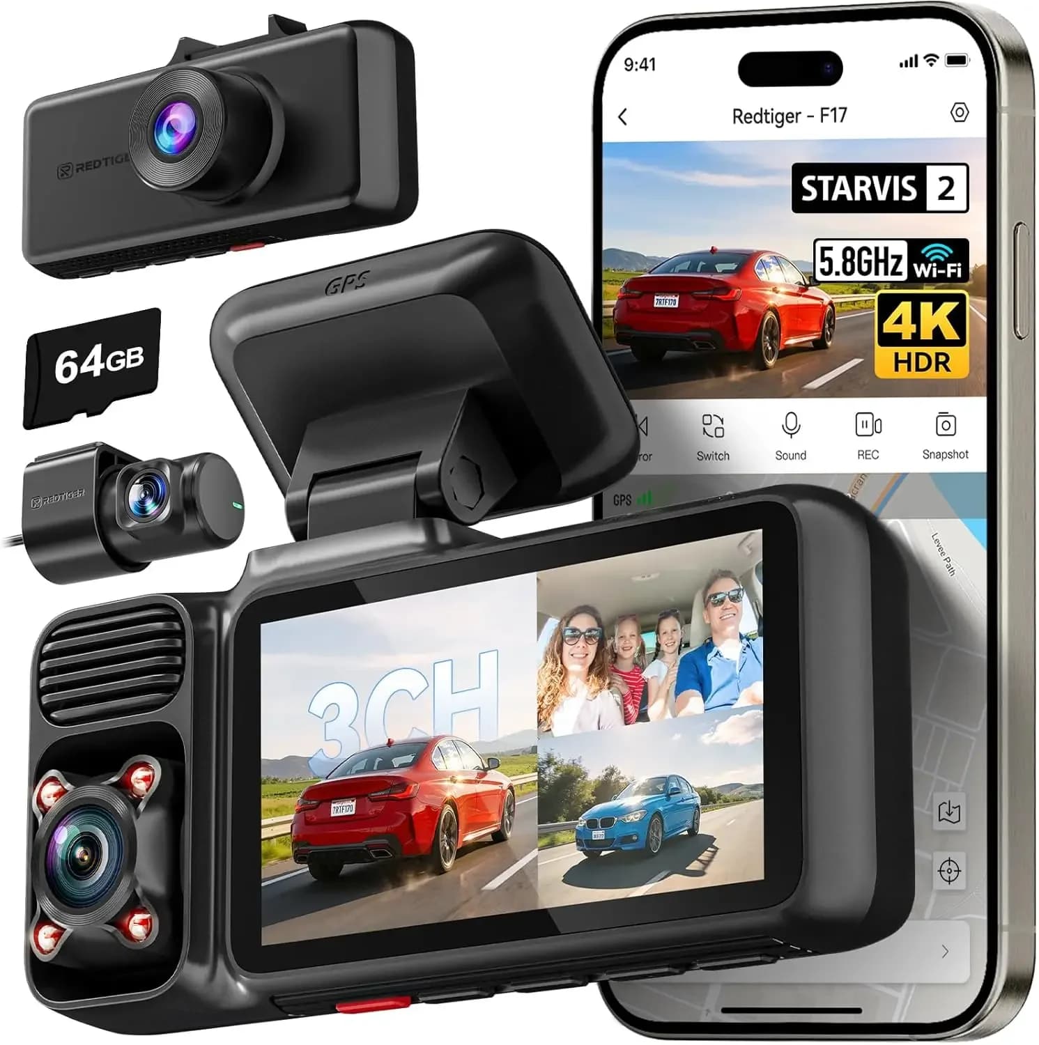 Dash Cam F17 4K a 3 Canali, STARVIS 2 IMX675 HDR, Telecamera Tripla per Auto 2160P+1080P+1080P Anteriore, Interna e Posteriore con Scheda da 64GB, 5.8GH