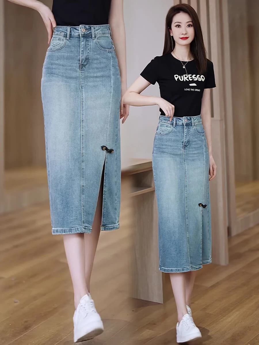 High Waist Loose Straight Mid-Length Denim Skirt for Women Summer Thin New Style Light Color A-Line Skirt Cotton Polyester Blend