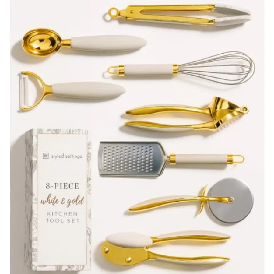 Set di Utensili da Cucina Bianchi e Dorati - Set di 8 Pezzi di Lusso con Apriscatole, Pinze e Spremiaglio - Elegante Bianco