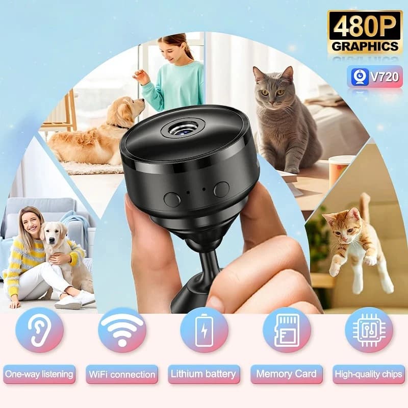 Mini Telecamera WiFi HD Wireless per Interni ed Esterni, Telecamera IP di Sicurezza Domestica, Monitor per Bambini e Animali Domestici