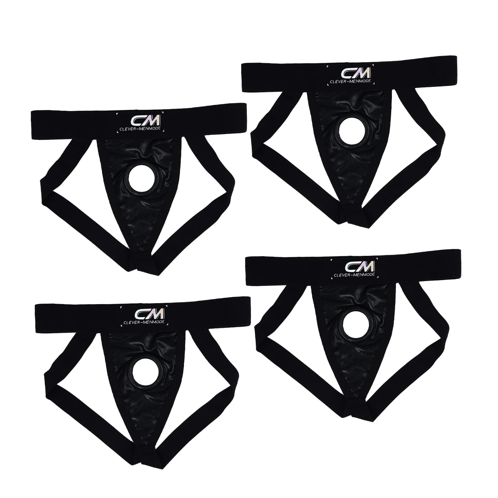4 Pack Glossy Open Hole Jockstrap Men Erotic Thong Sexy Underwear Cock Ring Faux Leather Underpants Nightclub Party Lingerie