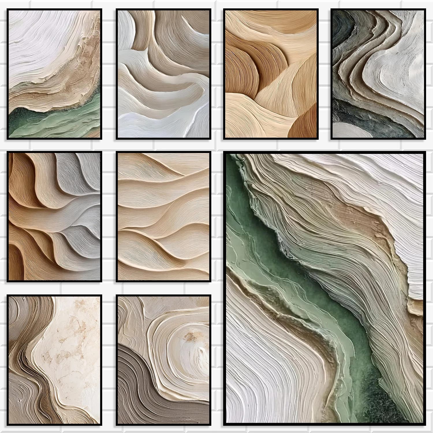 Cream Beige Heavy Texture Wall Print Bundle Relief Neutral Sage Green Brown Curved Wave Abstract Diamond Poster Set Home Decor