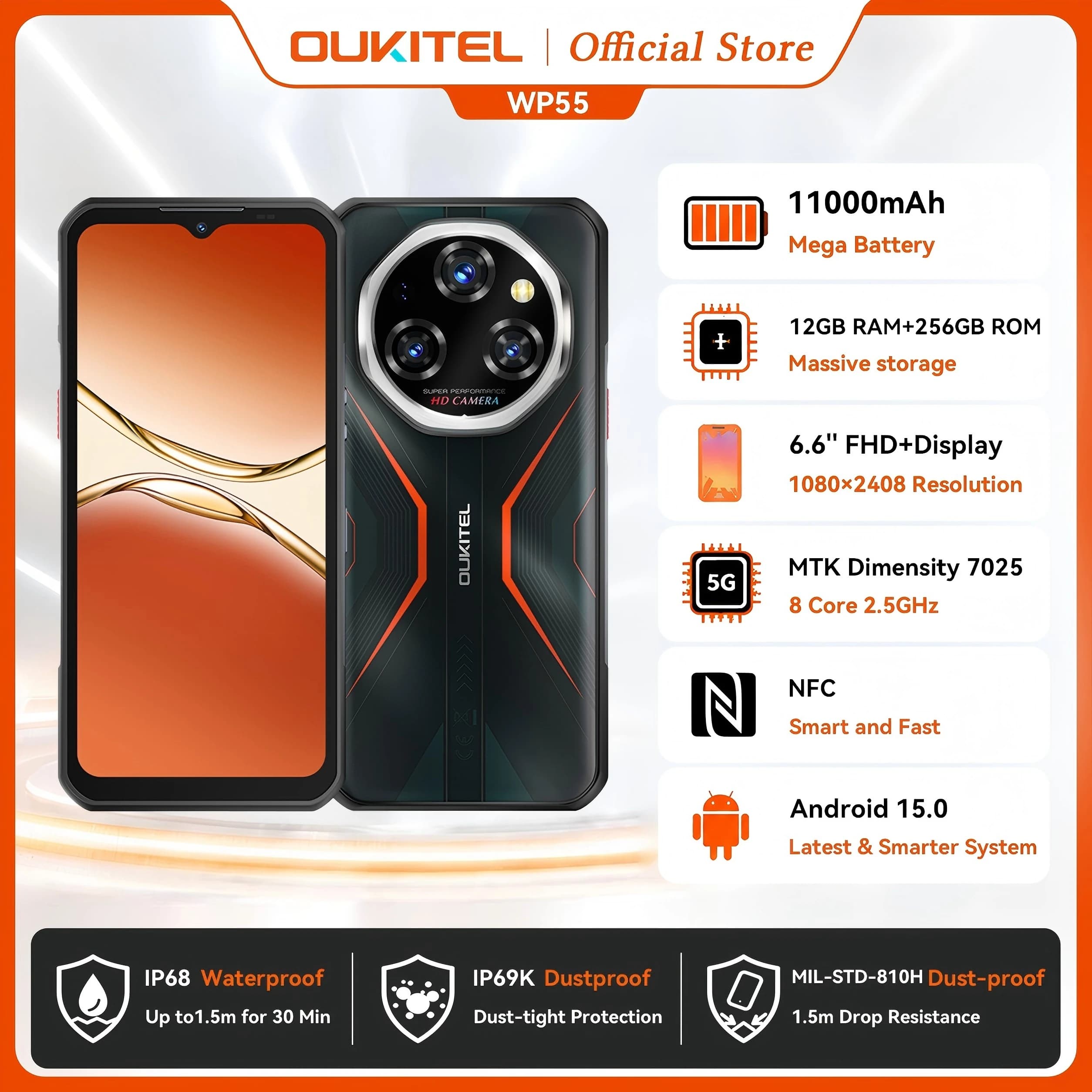 Oukitel WP55 Serie Smartphone Rugged 5G, 11000mAh, 256GB o 512GB ROM, Telefono Cellulare Android 15, Fotocamera 108MP, NFC