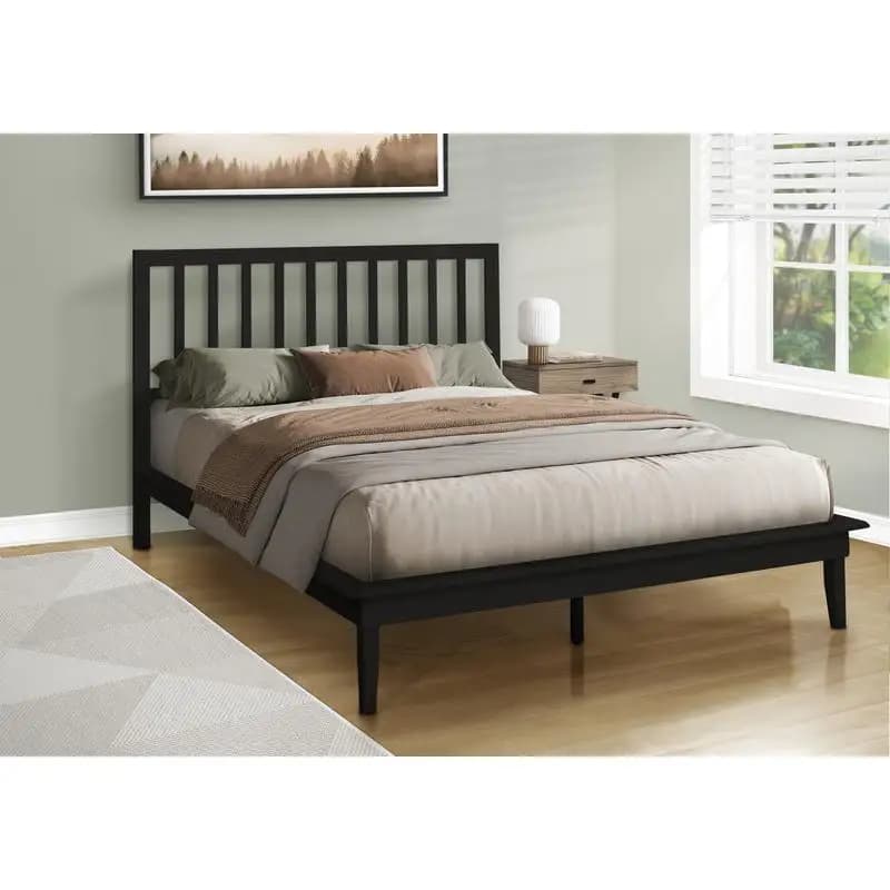 Struttura letto con piattaforma queen size contemporanea, legno nero con gambe per camera da letto