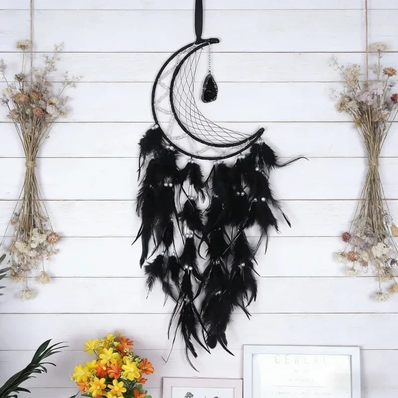 Halloween Ghost Festival Wall Decoration 20CM Retro Black Moon Dreamcatcher Feather Woven Home Indoor Space Hanging Accessory