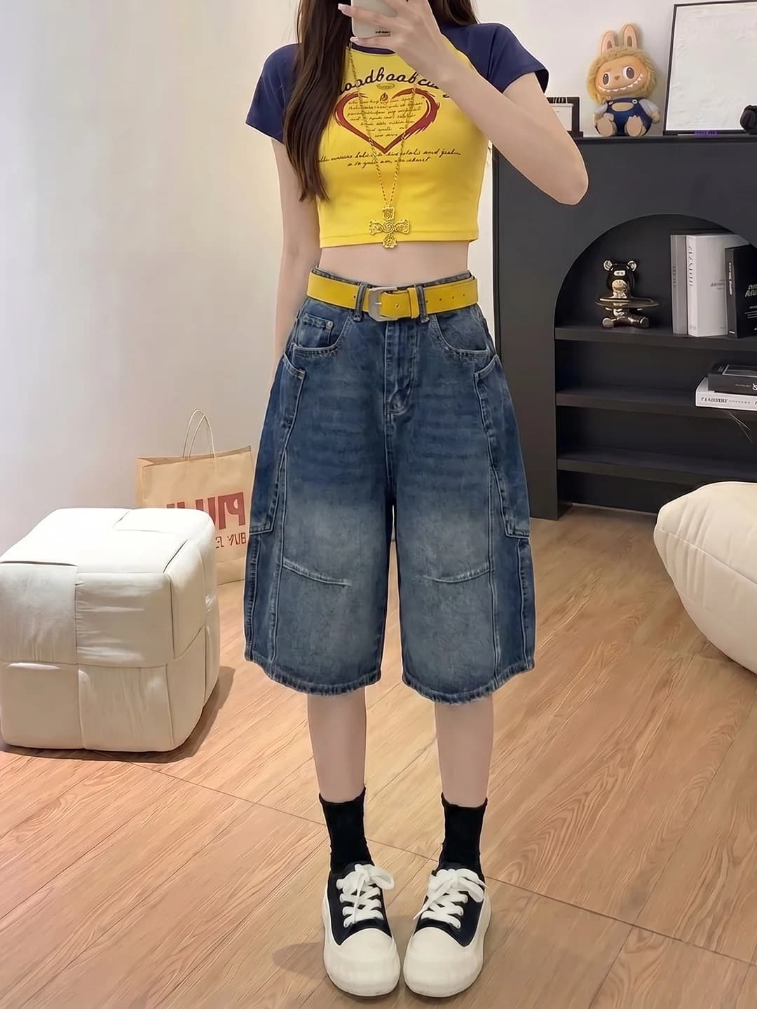 American Style Skinny Jeans Shorts Women's Summer Thin High Waist Wide Leg Five-Quarter Pants Loose Fit No Stretch Commute Style