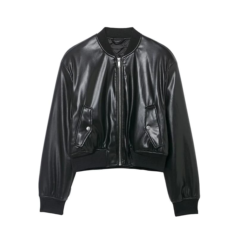 YENKYE Black Loose Faux Leather Bomber Jacket For Women Long Sleeve Front Zipper Crop Motorcycle Coat
