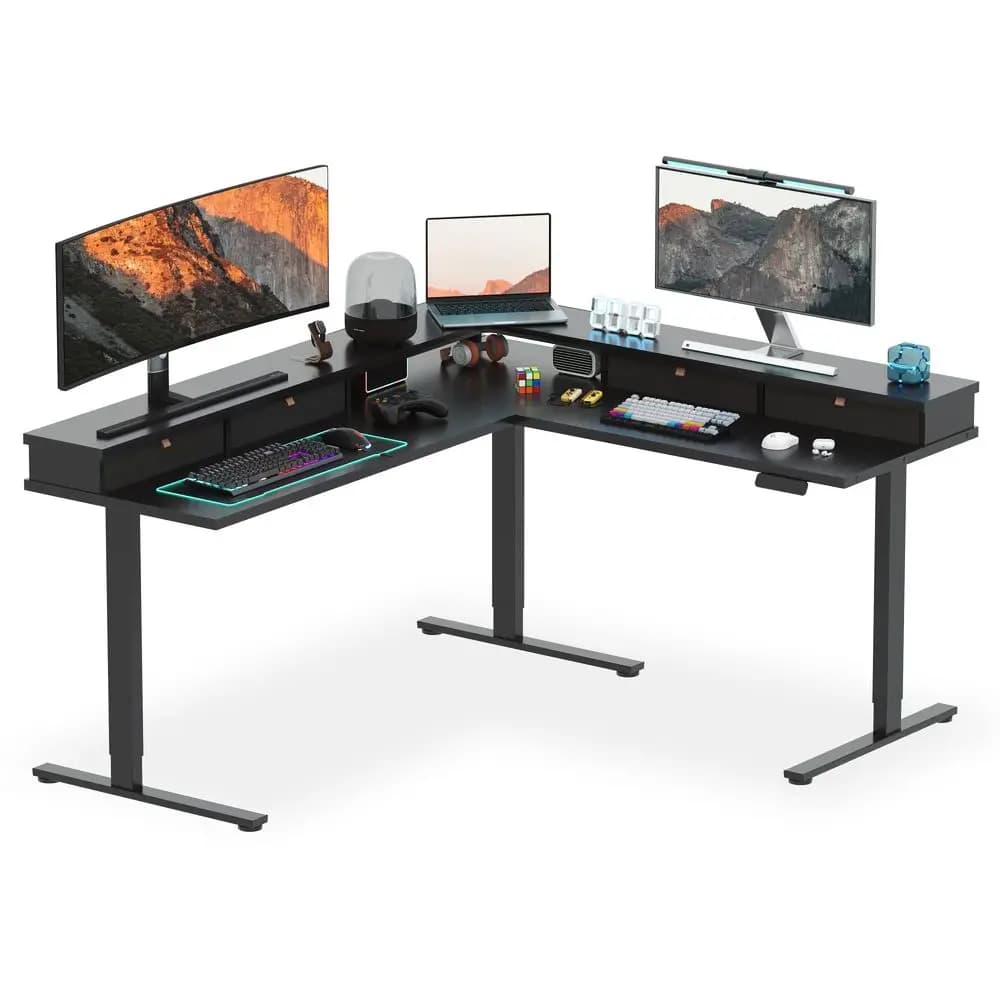 71 L Shaped Standing Desk with 4 Drawers, Height Adjustable Stand up Desk, Corner Gaming Desk with Monitor Stand, Black Frame B