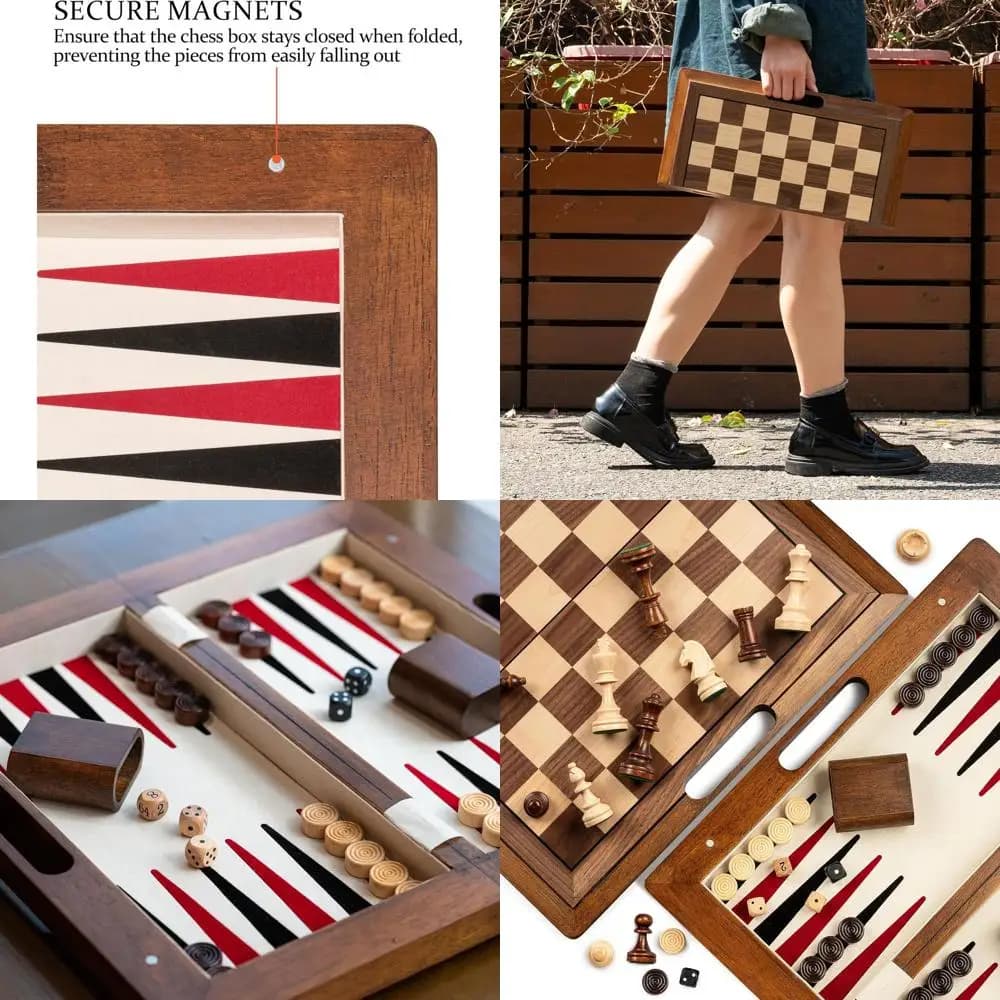 Set portatile di scacchi, backgammon e dama in legno deluxe 3 in 1 con tavola pieghevole e scatola con manico cavo per adulti