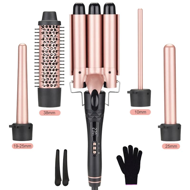 Set Arricciacapelli 5 in 1 Interchangeable with LCD Display, Ferro Arricciacapelli, Spazzola Termica e Pettine, Professional Tools for Private Brand Hair