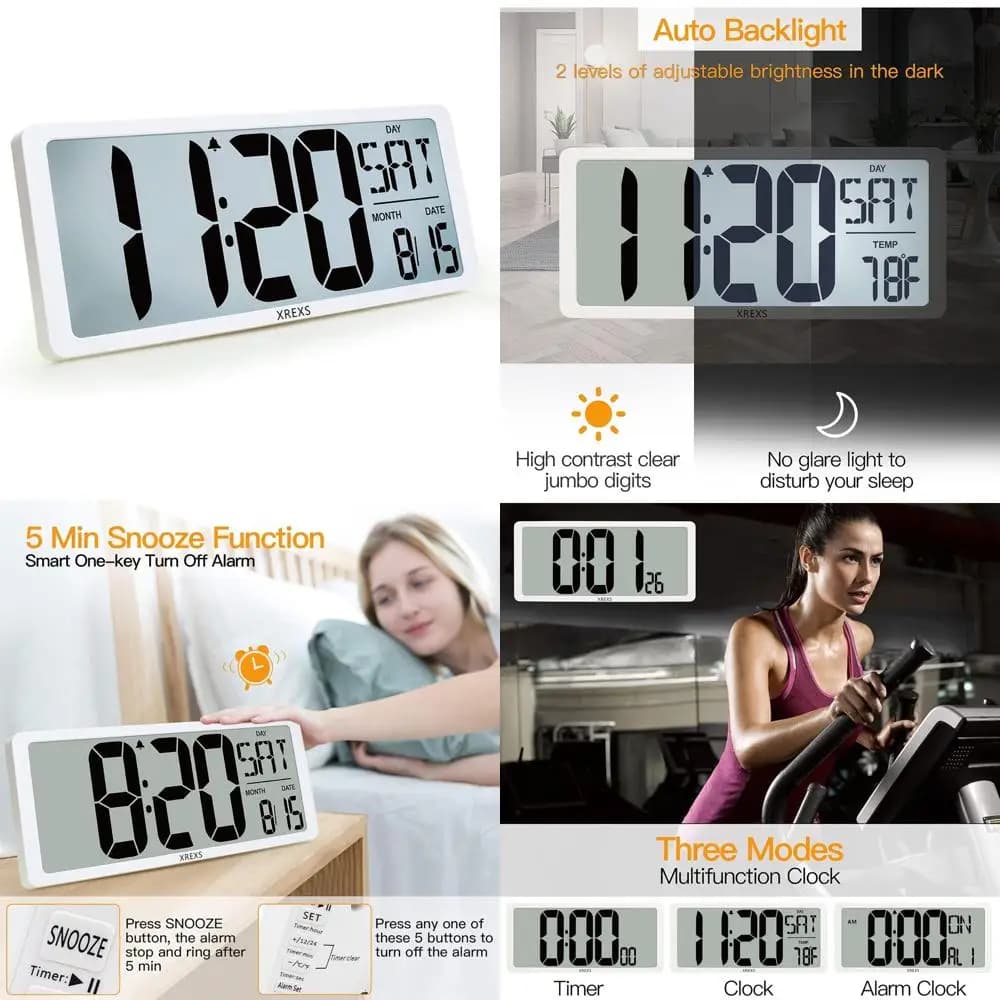 16.9 Digital Wall Clock with Retro Illumination, Time, Calendar, Temperature, Alarm, Timer and Batteries
