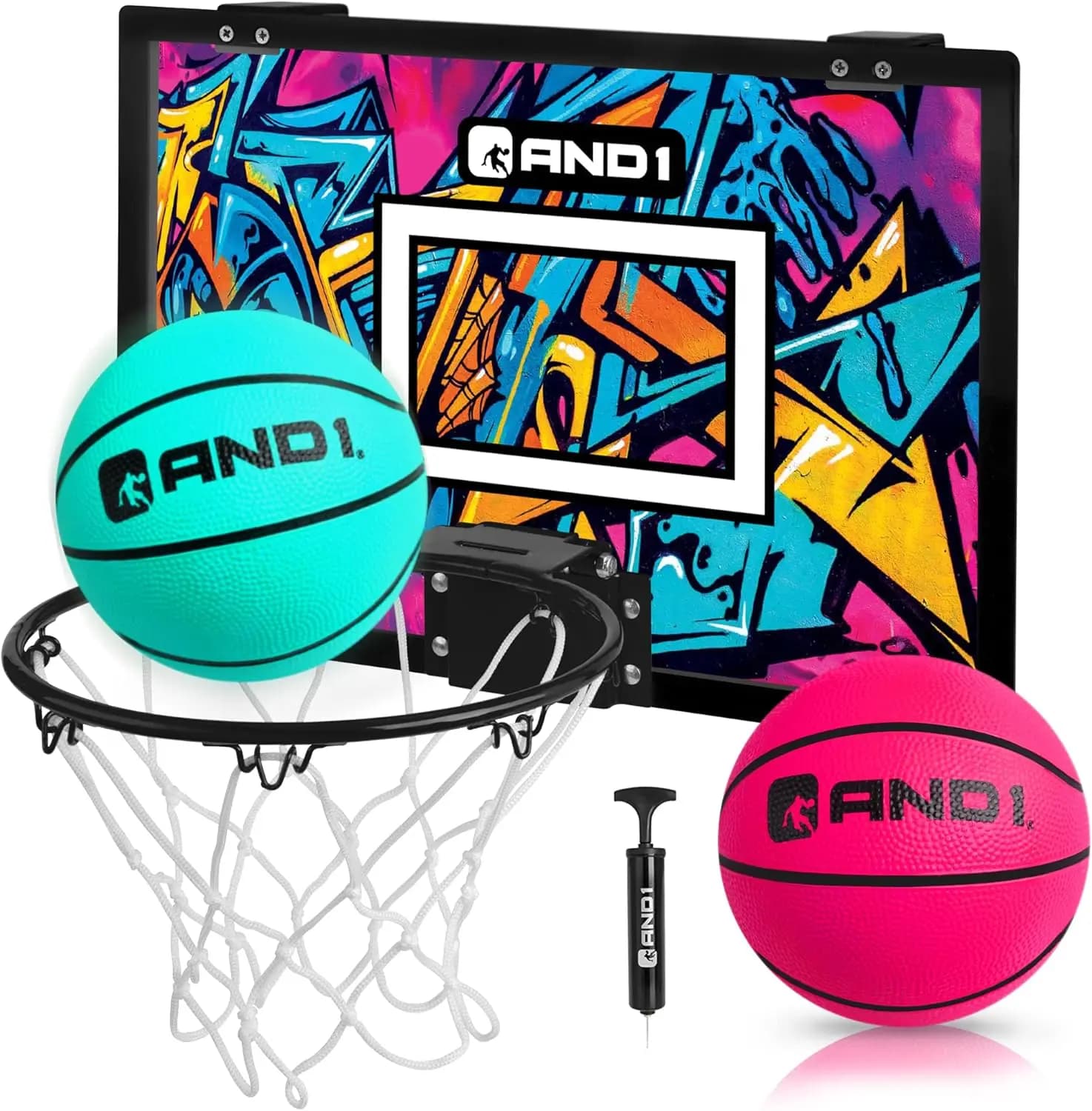 Mini Canestro da Basket da Appendere alla Porta, Tabellone Infrangibile 18x12, 2 Mini Palloni da Basket e Pompa Manuale, Basket da Interno per Bambini